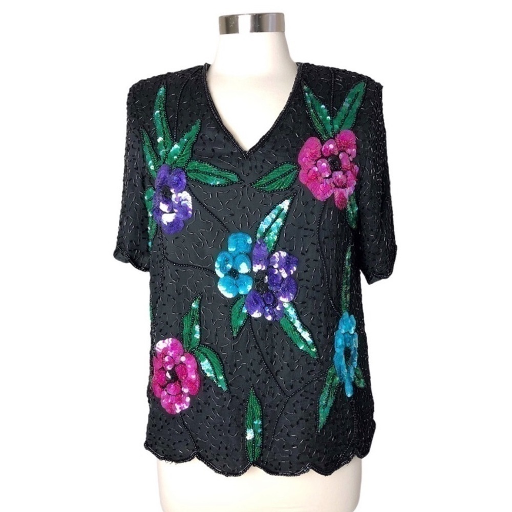 STENAY Vintage Silk Floral Sequin Beaded Blouse size L - Picture 12 of 12